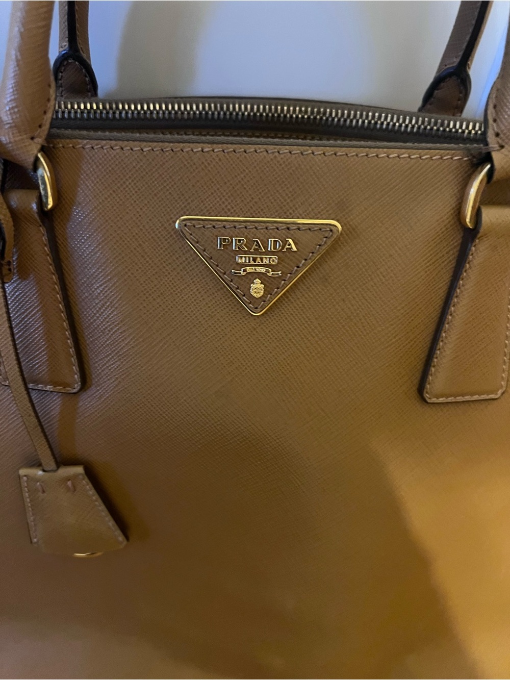 Prada Tan Saffiano Leather Tote with Gold-Tone Logo
